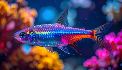 Vivid, colorful image of a small fish swimming in an aquarium. Background is blurred, showing coral and lights