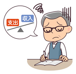 家計簿を付けながら赤字家計に悩むシニア男性