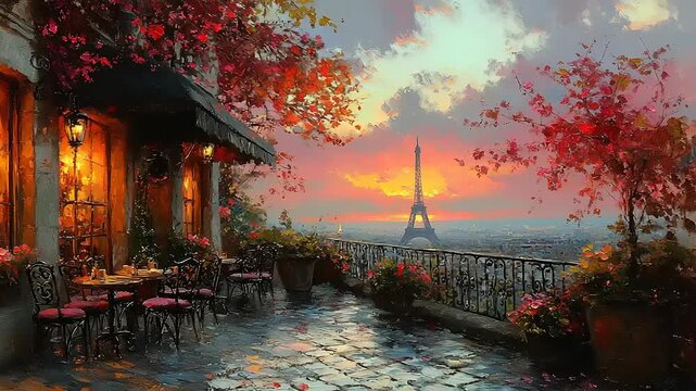 Romantic Parisian Cafe Balcony with Eiffel Tower View at Sunset, Impressionistic Oil Painting.