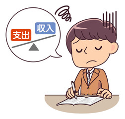 家計簿を付けながら赤字家計に悩む男子学生
