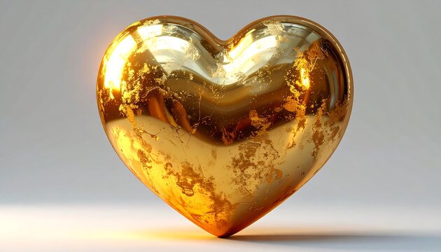 A gleaming golden heart sculpture, textured with imperfections, centered against a light background