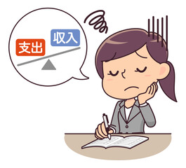 家計簿を付けながら赤字家計に悩むスーツ姿の女性