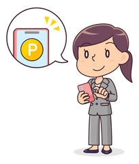 スマホでポイ活をするスーツ姿の女性