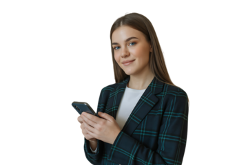 Young woman in business attire smiling while holding a smartphone in her hands isolated on transparent background