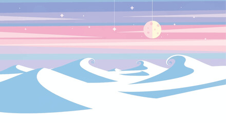 Snow dunes under a pastel sky with a full moon.