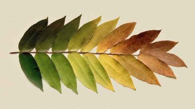 A branch with gradient leaves transitions from dark green to yellow and brown, showcasing autumn foliage with slender,