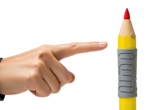 Human finger pointing directly at a large yellow pencil with a red tip isolated on transparent background