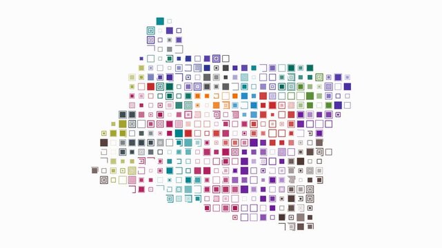 Oregon animation. Shape of the state with pulsating colored dots. Large size square blocks. Digital style map on white background. Plain video.