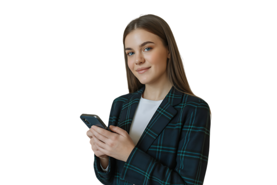 Young woman in business attire smiling while holding a smartphone in her hands isolated on transparent background