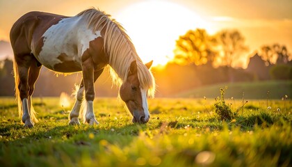 A horse grazing in a field at sunset