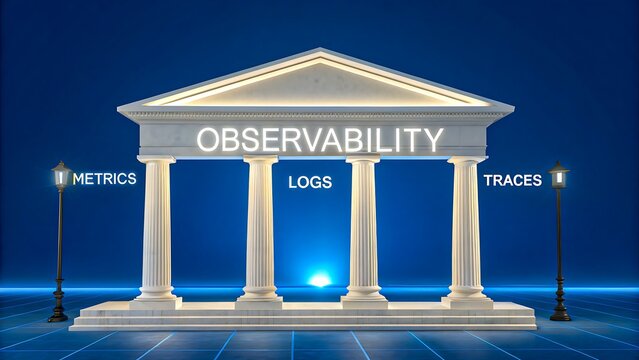 Digital observability concept with pillars of metrics logs and traces  
