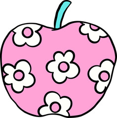 Groovy Retro School Supply Pink Apple with Floral Pattern Doodle Hand Drawn