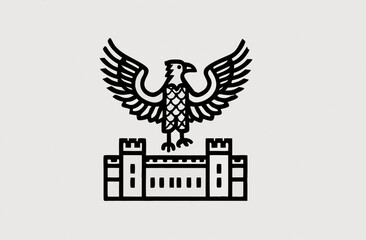Obraz premium Minimalist line art illustration of a heraldic eagle with spread wings perched atop a fortress or castle building icon, elegant graphic emblem.