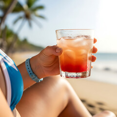 Close-up of hand holding iced drink with condensation, biquíni strap and relaxed arm visible, beach background softly blurred
