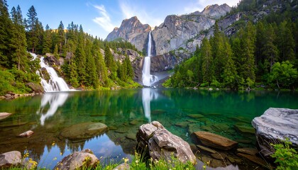 Stunning alpine lake with cascading waterfalls