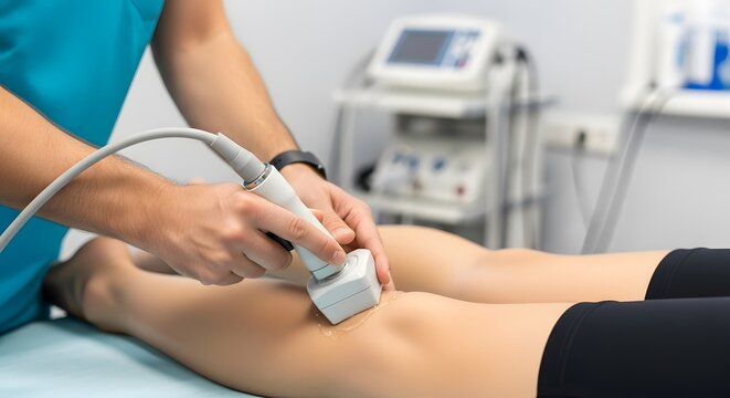 Medical ultrasound therapy session on knee for pain relief and rehabilitation