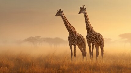 Obraz premium Two giraffes stand gracefully on the savanna at dusk or dawn,