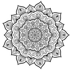 This intricate black and white mandala design features detailed patterns and shapes perfect for artistic projects, relaxation, and creative expression.