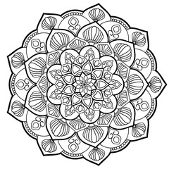 This detailed black and white mandala design features intricate patterns ideal for relaxation and mindfulness. Perfect for coloring enthusiasts and artists.