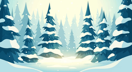 Snow-covered pine trees in a serene winter forest landscape.