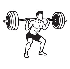 Black and white illustration of a muscular man performing a barbell squat exercise in the gym