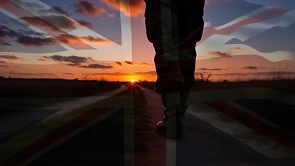 Double exposure of a British soldier walking on a road at sunset with the UK flag overlay - Powered by Adobe