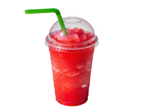 Refreshing red slushy drink with green straw in clear plastic cup isolated on transparent background