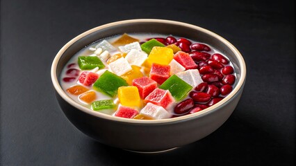 Colorful mixed jelly dessert with coconut milk in bowl  
