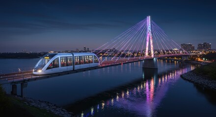 Fototapeta premium Modern transportation system on a bridge at dusk with illuminated cables over water and city lights