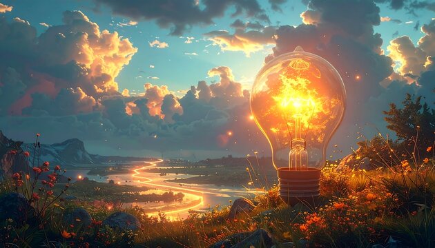 A glowing light bulb filled with fire sits on a lush field, overlooking a river and sunset