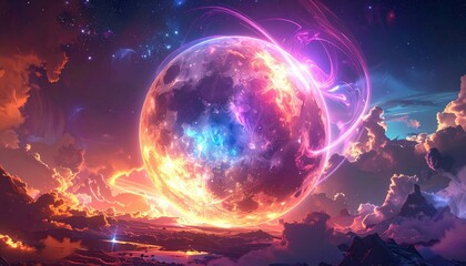 A vibrant, otherworldly celestial sphere glows against a backdrop of swirling, colorful clouds and distant mountains, bathed in radiant hues of pink, orange, and blue.