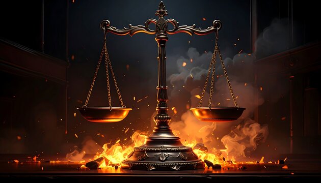 A glowing metallic balance scale amidst flames and smoke, set against a dark background - Powered by Adobe