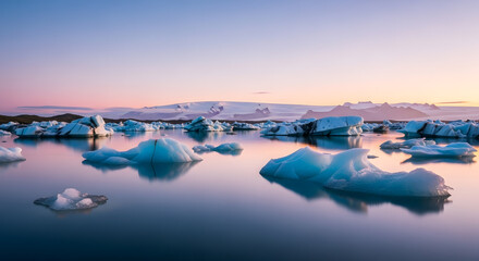 Floating Turquoise Icebergs at Twilight in Serene Arctic Landscape