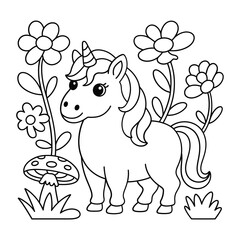 Little unicorn coloring page, smiling pony in garden, flowers and mushrooms, magical fantasy scene, cute vector illustration