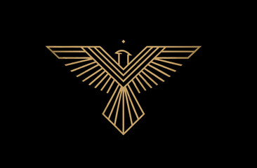 Elegant golden geometric bird emblem, stylized line art design, abstract majestic eagle or phoenix vector illustration in Art Deco style on black.