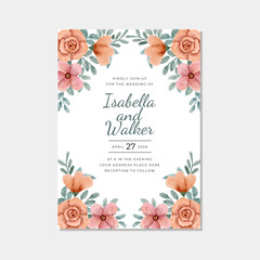 invitation card with pink orange floral watercolor background