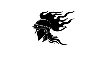 Silhouette of a warrior helmet with flames graphic design on a white background