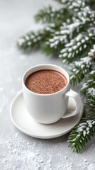 Hot chocolate setup with frosted pine branches decor