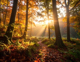 Sunbeams burst through forest canopy, illuminating a pathway in fall