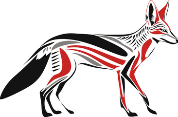 Obraz premium Stylized Fox Illustration with Traditional Folk Art Patterns. Abstract Animal Design in Red, Black, and Grey. Wild Canine Graphic.