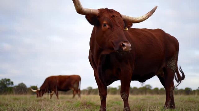 Majestic Red Longhorn Steer with Curved Horns in Grassy Field Under Overcast Sky