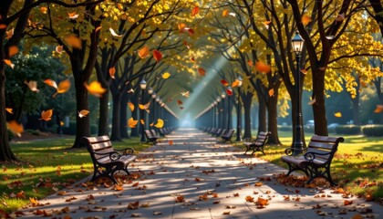 Autumn leaves falling in a serene park setting tranquil nature scene captivating landscape inviting environment calm viewpoint