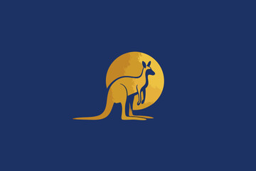 Obraz premium Golden kangaroo silhouette with sun graphic on blue background. Stylized illustration of Australian wildlife, minimalist design.