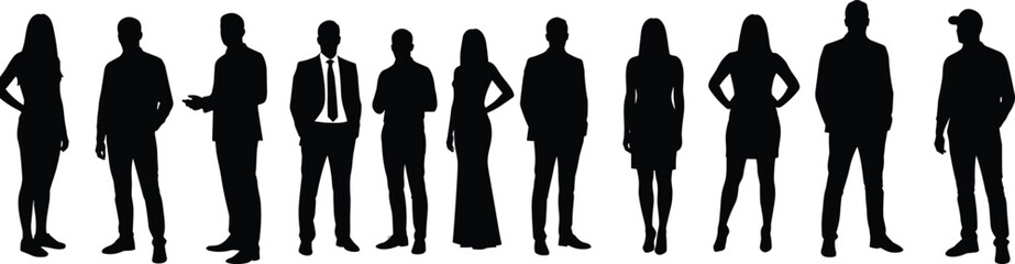 Silhouette of diverse business people, men and women standing together, office team group illustration, corporate workforce, teamwork, leadership, success, unitySilhouette of diverse 