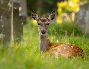 Fawn resting in grassy cemetery