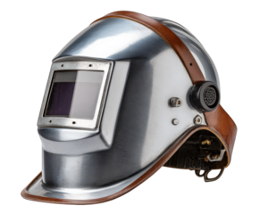 Vintage welding helmet with metal and leather detail for industrial safety. classic protective headgear showing strength, isolated on transparent background
