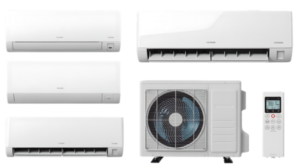 Collection of modern split air conditioning units and remote control for home comfort isolated on transparent background