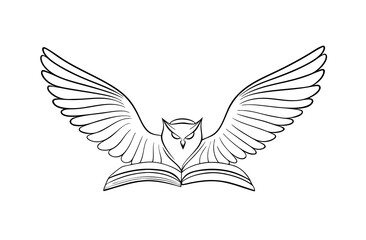 Obraz premium Black and white line art illustration of an owl with spread wings flying above an open book, symbolizing wisdom, knowledge, and education.