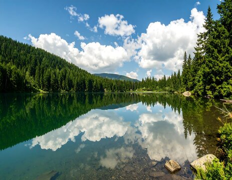 Serene lake surrounded by lush green forest under a bright, cloudy sky - Powered by Adobe