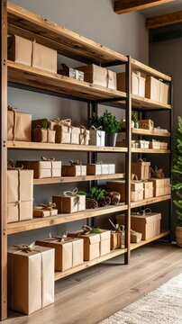 Rustic wooden shelf with stacked gift boxes wrapped in brown paper and tied with string, pinecones and mini evergreen plants